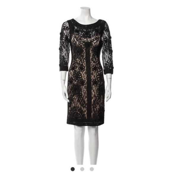 Sue Wong Black Heavily Embroidered Lace Dress Lined 3/4 Sleeve Cocktail Sz 10 - Picture 6 of 9